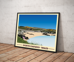 Vintage style travel landscape poster print of Porth Dafarch in North Wales Pen and Ink Studios