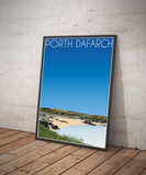 Vintage style travel portrait poster print of Porth Dafarch in North Wales Pen and Ink Studios