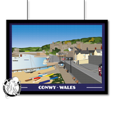 Vintage style travel poster print of Conwy in North Wales Pen and Ink Studios