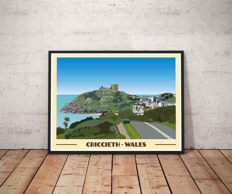 Vintage style travel poster print of Criccieth in North Wales Pen and Ink Studios