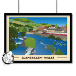 Vintage style travel poster print of Llangollen in North Wales Pen and Ink Studios