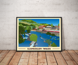 Vintage style travel poster print of Llangollen in North Wales Pen and Ink Studios
