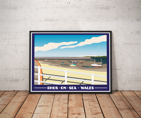 Vintage style travel poster print of Rhos On Sea in North Wales Pen and Ink Studios